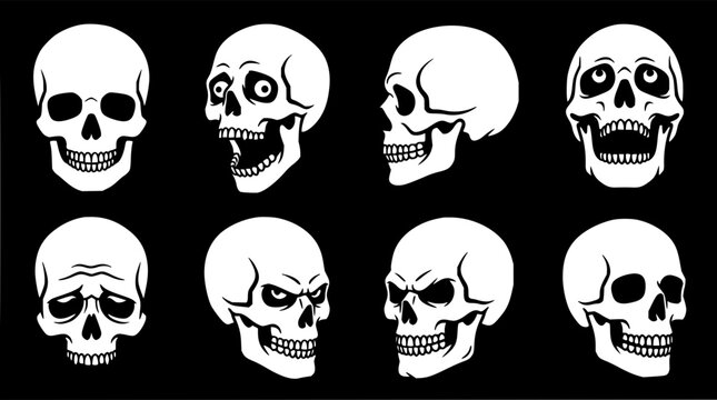 Eight skulls arranged in a 2x4 grid with clean white background featuring anatomical details, symmetry, and minimalist style with dark outlines and highlights