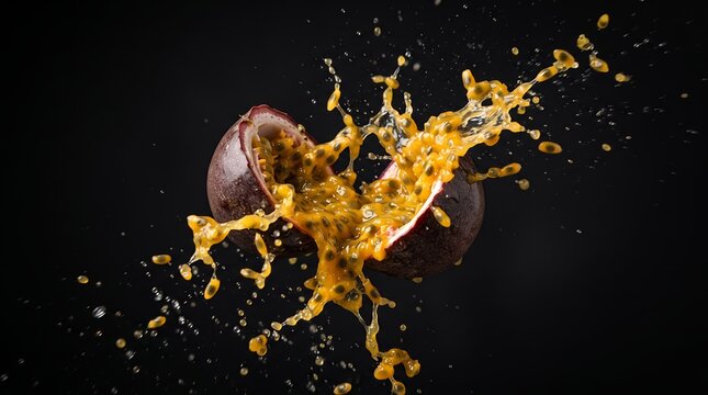 Golden passion fruit pulp and seeds erupt in a liquid splash as the fruit is cut open in studio lighting.