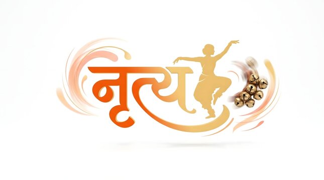 Hindi word nritya meaning dance with classical dancer silhouette and traditional ghungroo.