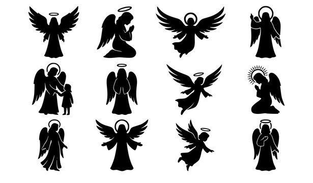 Angel Silhouette Vector Collection with Halo Guardian Wings Heavenly Spiritual Religious Figures for Faith and Memorial Designs