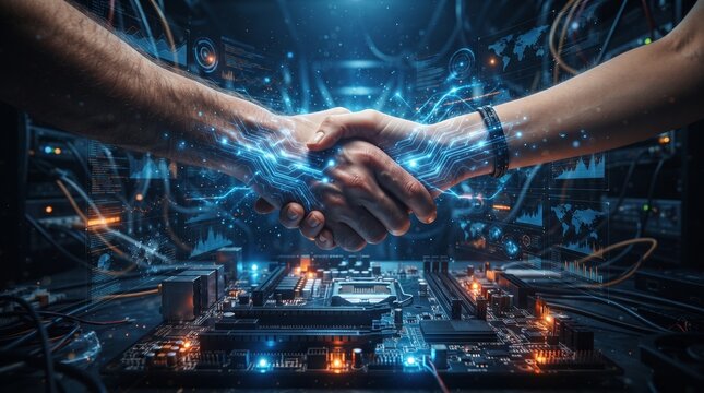 Handshake connected to glowing motherboard circuits, futuristic business technology concept for AI collaboration, secure networking and innovation.