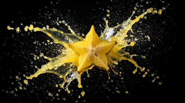 A single star fruit explodes with bright yellow juice in a dramatic, high-speed splash.