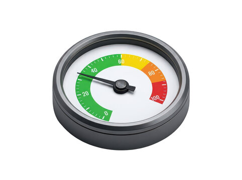 Round gauge with color coded scale. Circular indicator showing performance levels.