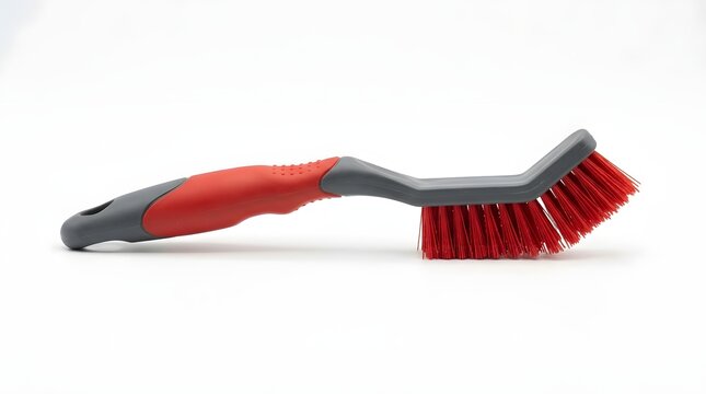 Red and black handled scrubbing brush for cleaning