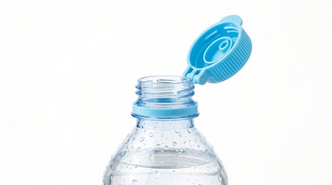 Open plastic water bottle on white background. Clear beverage container with blue cap.