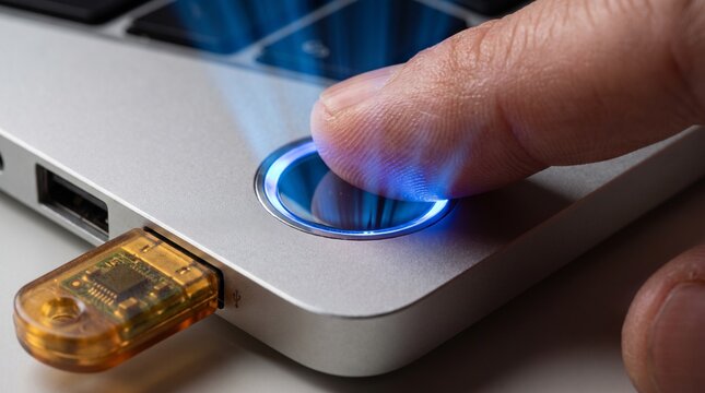 Close up human finger pressing glowing blue biometric fingerprint scanner on silver laptop with USB key for secure digital authentication and data protection
