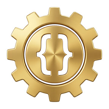 Golden metallic gear icon with curly brace code symbol cutout, software engineering settings emblem, coding and programming technology concept