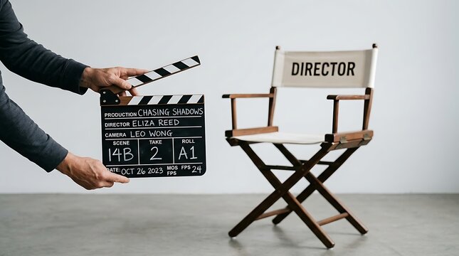Director chair and film clapperboard. Movie production set with cinema equipment.
