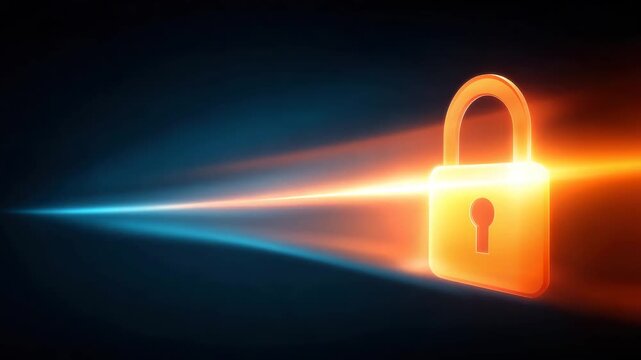 Glowing padlock security lock protection access light beam orange blue glowing background digital icon safety privacy design