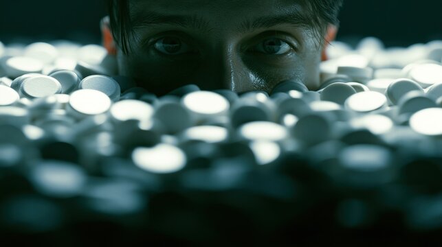 Cinematic close-up of a person's eyes barely surfacing among a pile of white pills