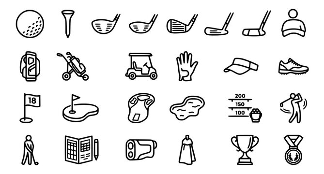 Set of hand drawn golf icons featuring equipment accessories and player actions for sports design projects