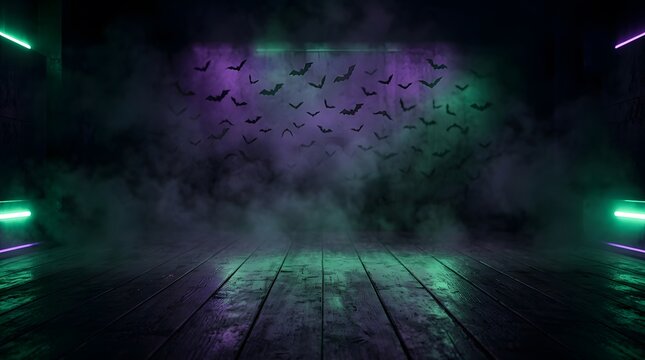 A dark and mysterious spooky background with glowing neon lights and purple smoke perfect for a creative happy halloween celebration party poster design template