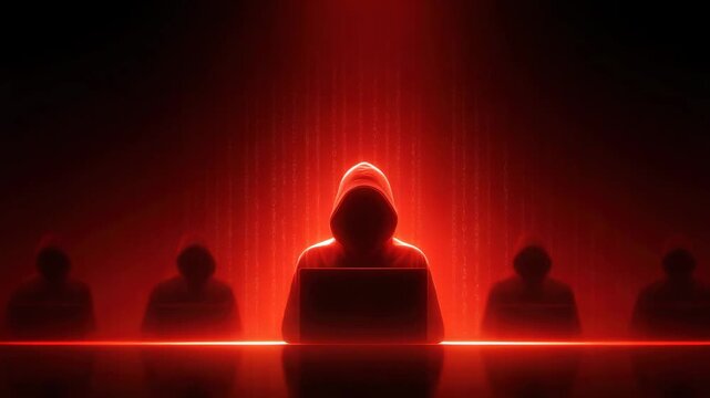 Hooded hacker silhouette dark room with red light, laptop, anonymous cyber security scene showing digital threat, online crime, computer hacking, mystery shadow, data breach, network danger, secrecy