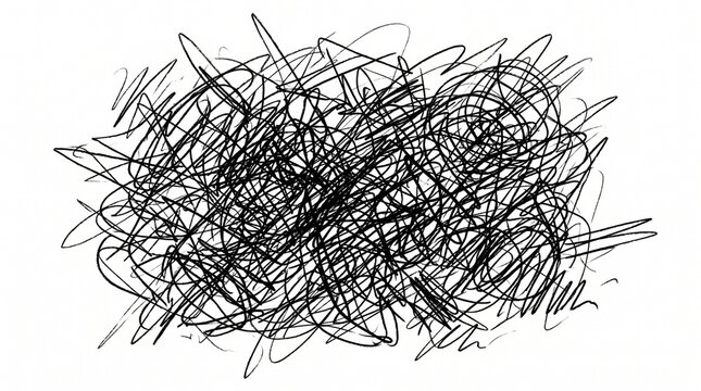 Abstract black ink scribble and chaotic tangled lines on white background