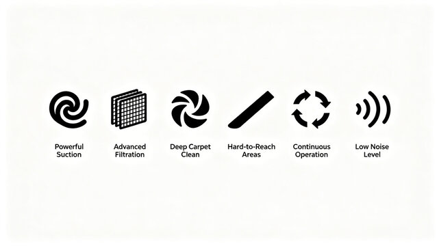 The turbo filter carpet gap continuous silent icon represents the advantage of deep cleaning and low-noise dust suction at the corners, suitable for whole house home cleaning system matching.
