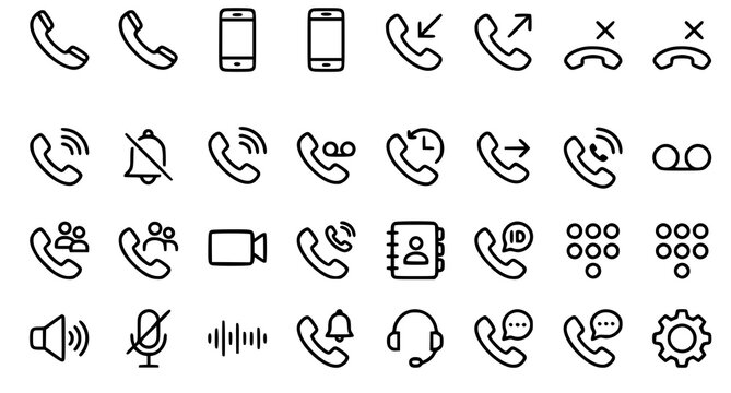 Set of black and white telephone and communication icons for mobile apps and user interface design