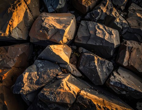 Rocks illuminated by warm sunset light.