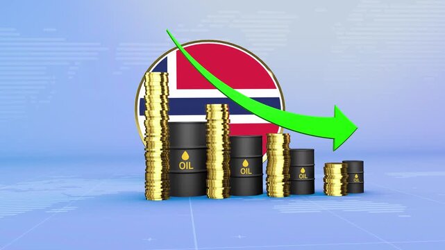 Norway Oil Prices Decline with Oil Barrels, Gold Coins and Downward Green Arrow, 3D Economic and Financial Market Concept
