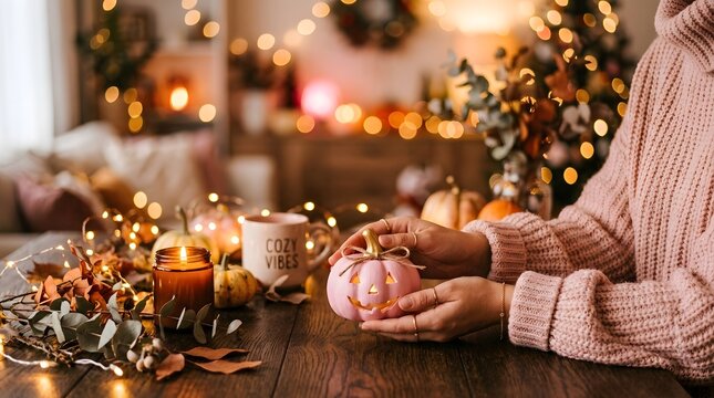 A person wearing a cozy knitted sweater holding a small decorative pumpkin for a festive happy halloween celebration in a warm home interior setting