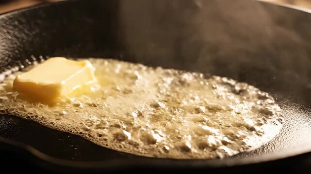 Single pat of butter melting in hot iron skillet.
