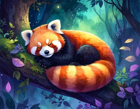 A cute red panda sleeping peacefully on a tree branch in a magical forest.