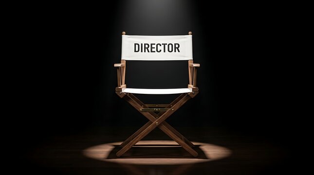 Director chair in a spotlight. Empty film production seat on a dark stage.