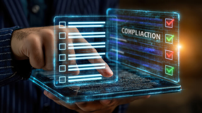 Digital compliance checklist window policy review concept on laptop with hand pointing