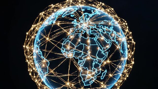 Luminous network lines connecting locations on world map.