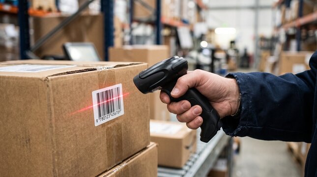 Warehouse worker scanning barcode on cardboard box with handheld scanner