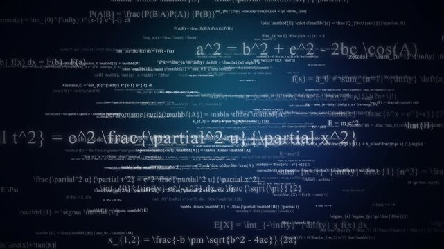 Abstract mathematical formulas and physics equations moving on dark blue background