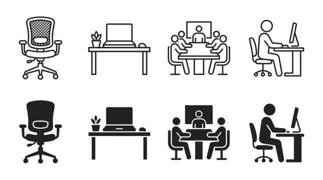 Professional office workplace icons depicting computer desks meeting rooms ergonomic chairs remote work with workplace