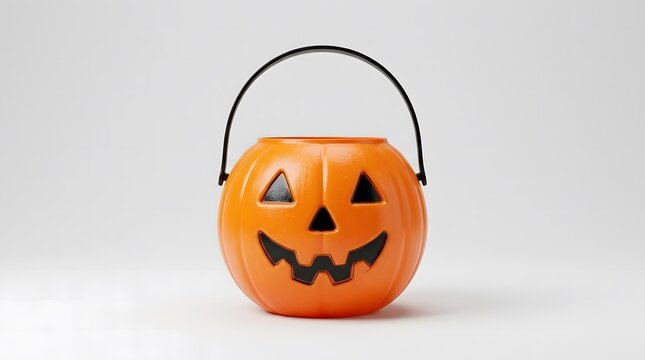 A classic orange plastic pumpkin bucket for trick or treat candy to celebrate a happy halloween holiday