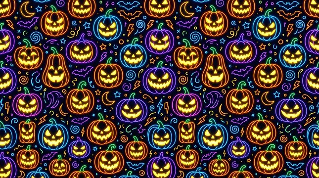 Seamless pattern background with glowing carved pumpkins for a spooky happy halloween celebration and festive holiday design