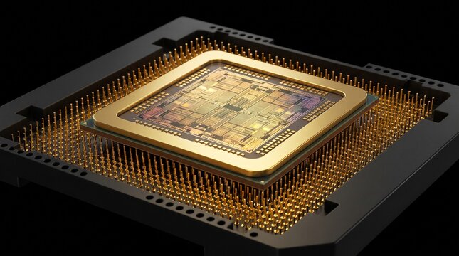 Powerful semiconductor processor featuring gleaming gold connections, highlighting the intricate core of advanced computing, data processing, and digital innovation