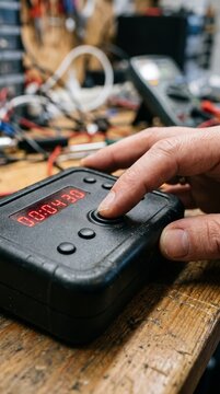 Hand pressing button on electronic device with digital timer