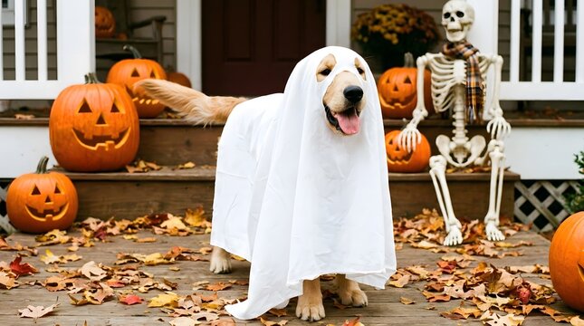 A cute golden retriever dog dressed as a ghost for a fun happy halloween celebration outdoors