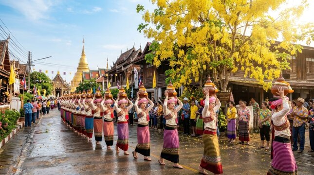 Spectacular Cultural Dance Parade with Costumed Performers Strolling past Golden Pagoda