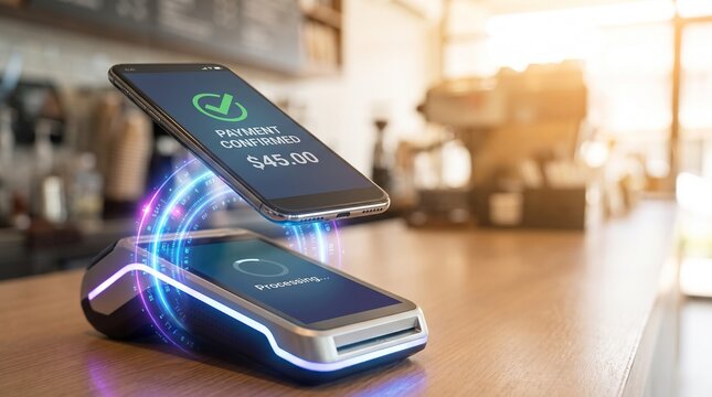 Contactless mobile payment transaction with smartphone and POS terminal in a cafe