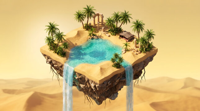 Floating isometric desert oasis island with turquoise water, palm trees, and ancient ruins