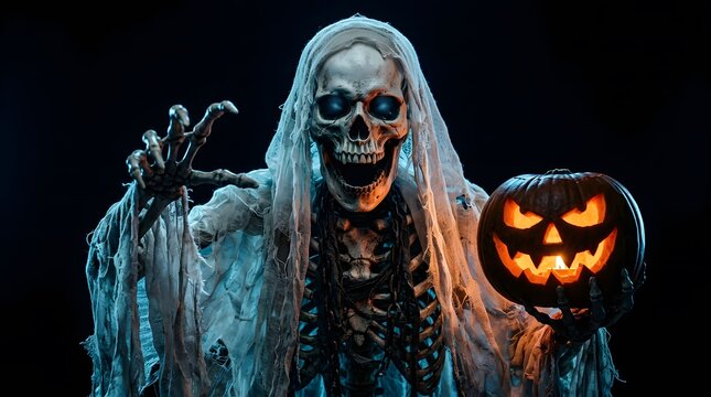 A spooky skeleton ghost holding a glowing jack o lantern for a scary happy halloween celebration theme