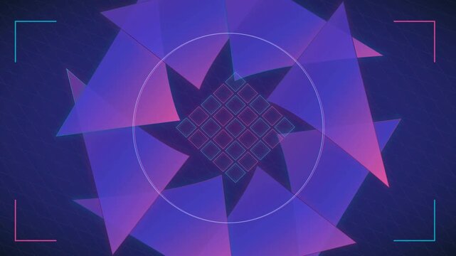 Futuristic geometric motion background with purple triangles and digital grid interface