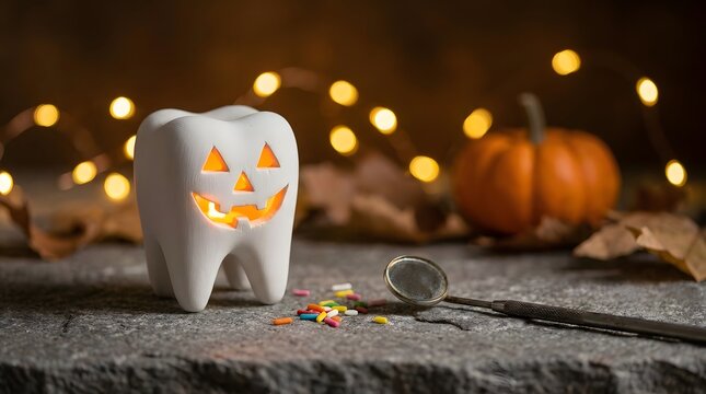 Happy halloween concept with a carved tooth lantern and pumpkin decorations for dental office holiday greeting card
