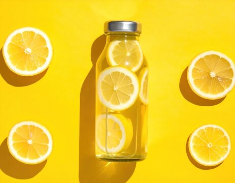 Glass bottle with lemon slices in water, surrounded by lemon halves, all on a yellow surface