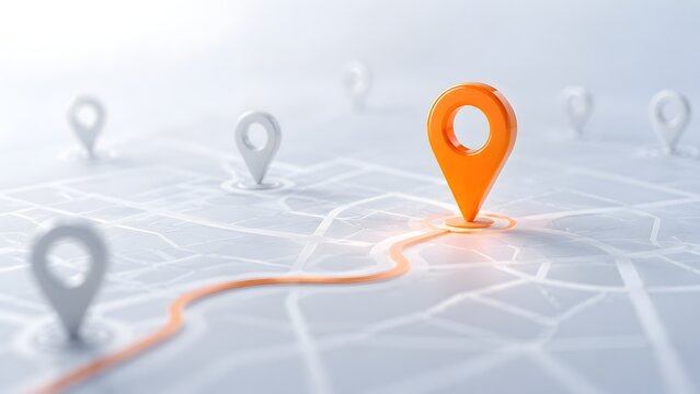 Glowing orange 3d location pin marker highlighting a specific route on a digital city map representing GPS navigation, logistics tracking, and global positioning.