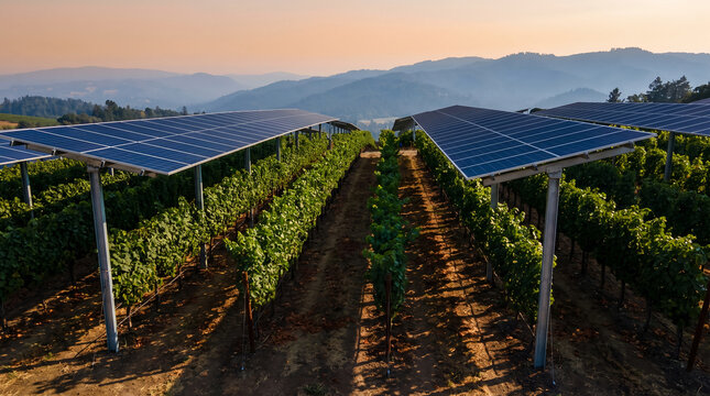 Agrivoltaic solar panel system, raised blue panels over grapevine rows, shading agricultural crops, countryside vineyard hills at twilight, sustainable agriculture photography