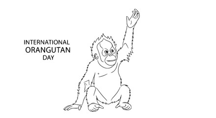 International Orangutan Day greeting card, cute baby orangutan with raised hand, line art