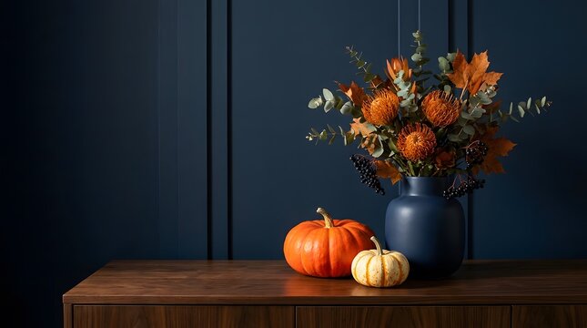 Elegant happy halloween home decor with pumpkins and a rustic autumn flower arrangement on a wooden table