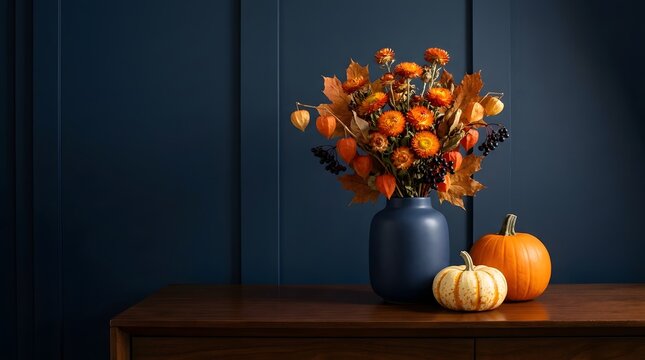 Elegant autumn floral arrangement with pumpkins on a wooden table for a festive happy halloween home decor display