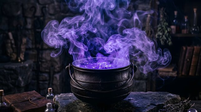 A magical witch cauldron bubbling with purple smoke in a dark room for a spooky happy halloween celebration