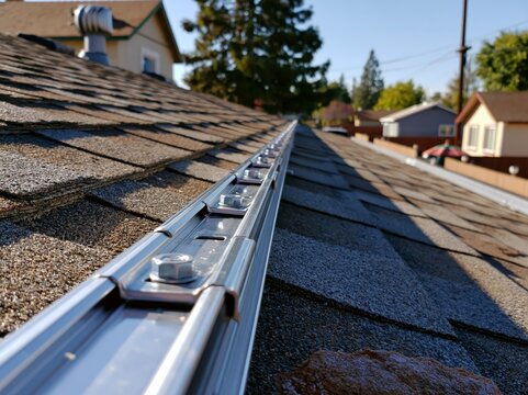 Row of aluminium solar panel mounting rails on a shingled roof in morning light before installation of solar panels